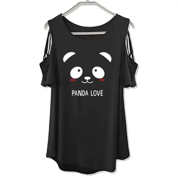 Panda Casual De Dibujos Animados De Impresión T-Shirt Para Las Mujeres De Manga Corta De Algodón De La Camiseta De La Camiseta De Las Mujeres Femeninas Remata El Hombro Hueco Tee