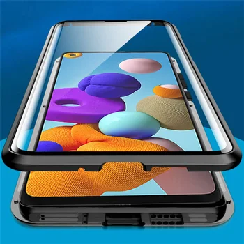 Para Samsung A21s Caso De 360 Doble Cara de Cristal de los Casos Para Samsung Galaxy A21s Un 21s A217F Magnético de Metal de Parachoques de la Cubierta Posterior Coque