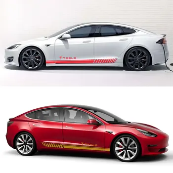 Para Tesla Model 3 S X P100D 2PCS la Puerta de su Coche Lado de la Falda Larga de Rayas Adhesivos de carrocería de Automóviles Decoración de Vinilo Envoltura de Película de PVC Accesorios Calcas