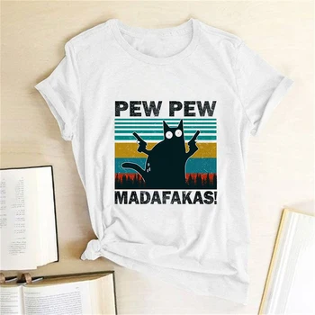 Pew Pew Madafakas Gato Animal Print T-shirt de las Mujeres 2020 de Verano Nueva Moda Vintage Camiseta de Harajuku Estética Tops de Mujer Camiseta