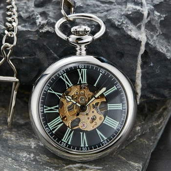 Plata Mecánico Reloj de Bolsillo de la Mano de cuerda de Reloj Fob de la Cadena de Reloj de los Hombres Huecos Steampunk Números Romanos del Reloj reloj de bolsillo