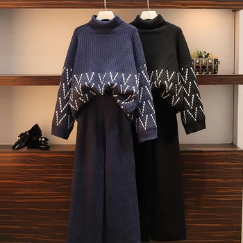 Plus tamaño suéter de punto establecido de chándal para las mujeres ropa de invierno grasa traje de las mujeres de punto pantalones de pierna ancha de dos piezas de ropa elegante