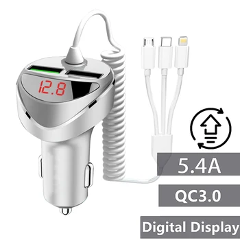 QC 3.0 Quicl USB para el Coche Cargador de Teléfono Con 3in1 Tipo C Micor Cable USB 12V24V LED Monitor de la Tensión de Encendedor de Cigarrillos Divisor