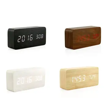 Reloj de alarma LED de Reloj de Madera de la Tabla de Control de Voz Digital de la Madera Con el USB fuente de Alimentación de Control de Voz Electrónica de Escritorio Relojes
