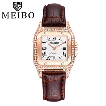 Reloj de las mujeres de lujo de la marca MEIBO incrustada con Diamantes de las Mujeres Casual de Cuarzo Banda de Cuero Newv Correa de Reloj Analógico Reloj de Pulsera
