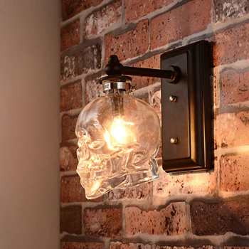 Retro Cráneo de Cristal Transparente Lámpara de Pared de Casa de Habitación Restaurante Personalidad Decoración E14 Bombilla LED de Iluminación