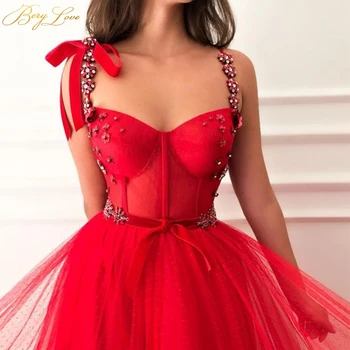Rojo Vestidos de fiesta Largos Listones de las Correas de la Correa de Una Línea de Vestidos de Noche de Novia de Tul Elegante Traje de gala de Navidad Vestido de Fiesta