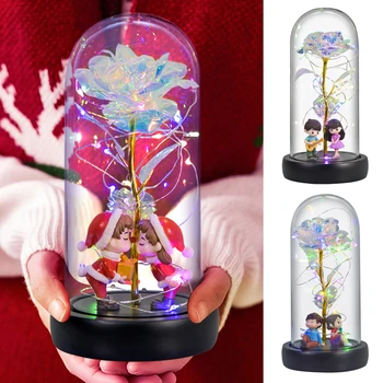 Romántico 2 Modos de LED que Deseen Chica de la Galaxia de la Rosa en la Cúpula de Cristal de Flores Artificiales para Niña de san Valentín Día de la Boda Regalos de Navidad