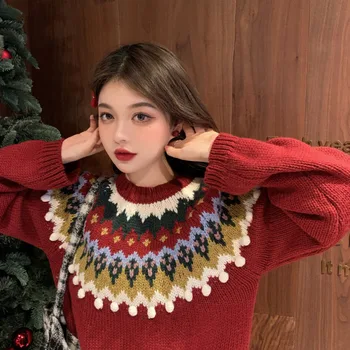 Ropa De Invierno Rojo De Navidad Suéter De Jersey De Las Mujeres De Manga Larga Nuevo Estilo Coreano Flojo Suéteres De Punto Superior De La Capa Femme 2020