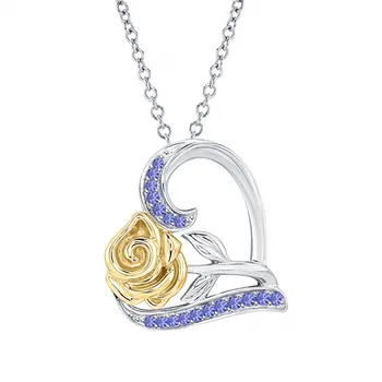 Rosa Flor Colgante de Corazón Collar de Piedras preciosas de 14k en Dos Tonos de Oro Sobre Plata Esterlina de las Mujeres