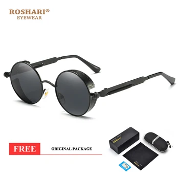 ROSHARI A05 la Vendimia de los hombres Steampunk polarizado gafas de sol de las mujeres de la marca del diseñador de Negro alrededor de gafas de Sol para los hombres lunette de soleil