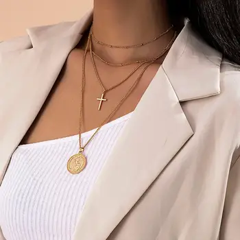 Salircon de la Vendimia Talló Moneda Cruz Colgante de Collar de las Mujeres Kpop Multi Capa Delgada de Enlace de la Cadena Gargantilla Collar de la Joyería de Regalo de 2021