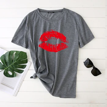 Seeyoushy Roja Boca de Labios Beso de Impresión de las Mujeres T-shirt de Verano de la Chica de Negro Camiseta Graciosa Camiseta Camiseta Femme Vogue Harajuku Tops