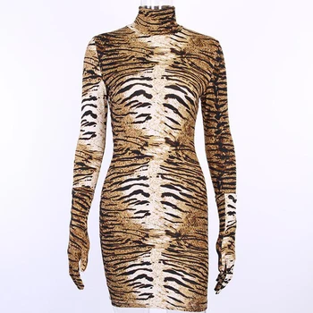 Sexy cuello alto Vestidos de Leopardo animal tigre de impresión de manga larga guantes de vestido de las mujeres Clubwear del Partido de Bodycon Mini Corto Dresse H88