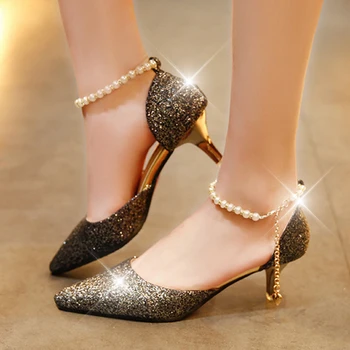 Sexy Punta del Dedo del pie de la Perla zapatos de Tacón Alto Zapatos de Mujer de Moda Hueco con Sandalias de Paillette de La Delgada Transpirable Zapatos de las Mujeres de las Bombas