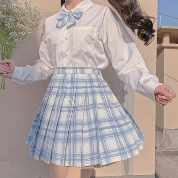 [Shinazugawa] Japonés de la Escuela secundaria de Chicas de la Cintura Plisada Faldas Azul a Cuadros Faldas de las Mujeres Vestido de Corto/Largo de la Manga JK Uniforme de la Escuela
