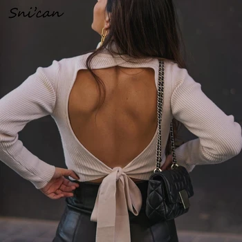 Snican Sólido Cuello De Tortuga Sin Espalda Sexy Suéter Vendaje Arco De Punto De Jersey Hiver Femme Blanc Sweter Za 2021 Mujeres De La Primavera Tops