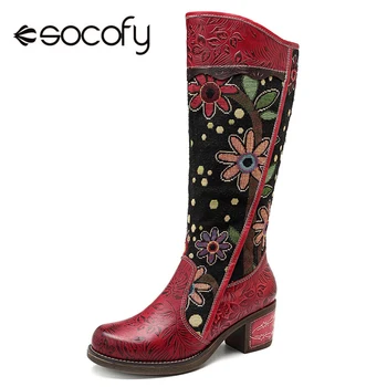 Socofy Vintage Patchwork Occidental Botas de Vaquero de las Mujeres Zapatos de Bohemia de Cuero Genuino Zapatos de Mujer la mitad de la pantorrilla Botas de Otoño Botas Mujer