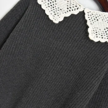 Sueter Mujer Estilo Preppy Lindo Suéter para las Niñas Gris Pullovers 2020 Otoño de la Solapa de Encaje con lazo Suelto Puente de Tops de Punto