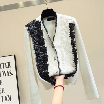 Suéter de las mujeres 2020 el otoño y el invierno de la nueva llegada de encaje floral patchwork chaqueta mujer manga larga v-cuello negro blanco tops
