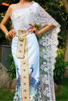 Tailandés Tradicional de Prendas de vestir para las Mujeres Vestido de Novia de la Participación Blanco Bordado de pavo real Dulce sin Mangas, Fotografía Tailandia