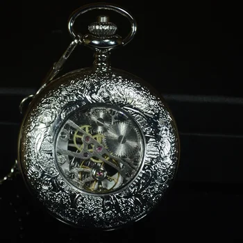 TIEDAN Plata Steampunk Mecánico Reloj de Bolsillo de los Hombres Retro de Antigüedades de la Marca de Lujo del Collar Esqueleto de Bolsillo Llavero Reloj de Cadena Macho