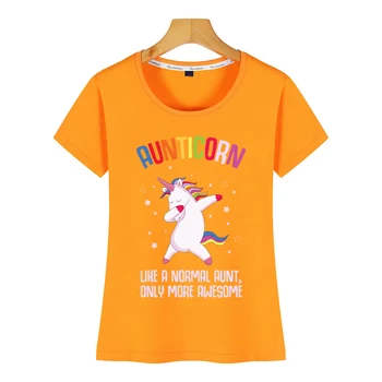 Tops Camiseta de las Mujeres unicornio tía aunticorn de color rosa de regalo divertido O-Cuello de la Impresión del Vintage Mujer Camiseta
