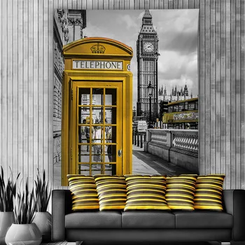 Torre Eiffel, el Puente de Londres un tapiz para colgar en pared rojo amarillo cabina de teléfono paraguas de la pared de tela de tapices de fondo decoración de la