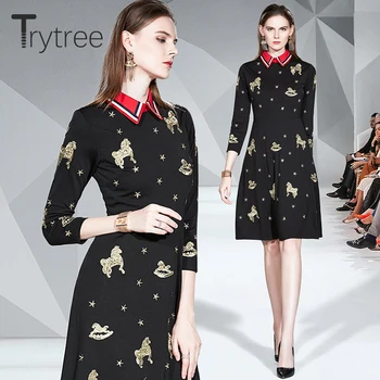 Trytree 2020 Otoño Invierno Casual de las Mujeres Vestido de Turn-down Cuello de Una línea de la Altura de la Cintura de la Moda Negro Bordado Vestido de Señora de la Oficina