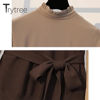 Trytree 2020 Otoño Invierno set de Dos piezas Casual O-cuello de Tejido de punto de la Correa Suelta Chaleco + Vestido de Volantes Plisados Sólido Conjunto de 2 piezas