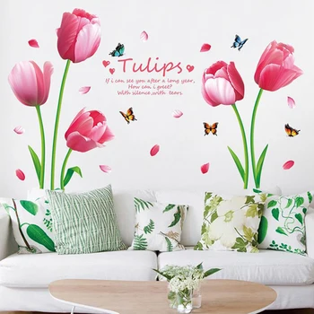 Tulipanes de color rosa Flores Pegatinas de Pared Decoración del Hogar de la Mariposa de la Decoración de la Sala de estar Dormitorio Auto-Adhesivo de Vinilo de PVC Wall Decal Palo