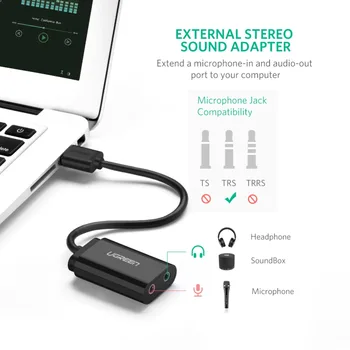 Ugreen de 3,5 mm Tarjeta de Sonido Externa Adaptador de Audio USB con Micrófono y Altavoz de Audio de la Interfaz de PS4 Pro Equipo tarjeta de Sonido USB