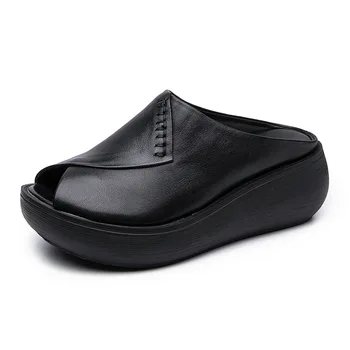 VALLU 2020 Retro cómodo pendiente talón zapatillas primera capa de cuero hechos a mano bizcocho zapatos de mujer sandalias de verano