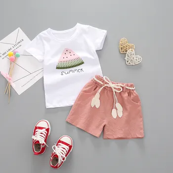Verano caliente traje de color de rosa niño niña ropa de Sandía Carta de Impresión Tops + pantalones Cortos Trajes Conjuntos de одежда для новорожденных t5