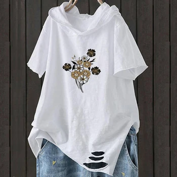 Verano camiseta Blanca camiseta camisetas Para las Mujeres Más el Tamaño de Algodón de Manga Corta Floja Floral División de Camisetas de la Femme Tops Nueva 2020