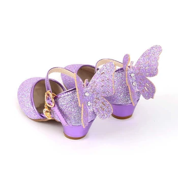 Verano de las Niñas Zapatos de Tacones Altos de Cuero con Lentejuelas de la Mariposa de los Niños de la Princesa de los Zapatos de Fiesta de la Boda de las Niñas Zapatos de Baile para Niños Sandalias
