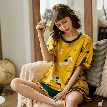 Verano Pijama Pijama Conjuntos De Pijama De Mujer Ropa De Dormir Lindo Casual Simple De Impresión De Manga Corta Camisetas Ropa De Dormir A Casa De Ropa Para Mujeres
