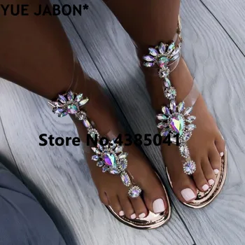 Verano Sandalias De Mujer De Oro Verde Diamante Negro Sandalias Planas De Diamantes De Imitación De Cristal De Zapatos De Mujer Zapatillas Sandalias Sandalia Feminina