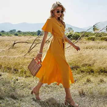 Vestido Largo De Color Amarillo De Las Señoras De Moda V Cuello De Botones Con Cinturón Vestidos De Verano Para Las Mujeres Casual De Vacaciones Una Línea De Ropa De La Nueva Llegada De 2021