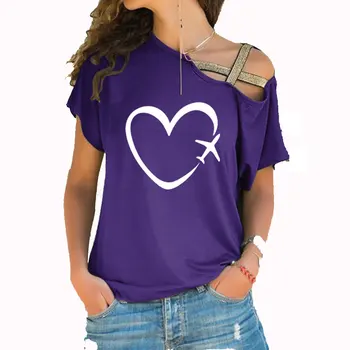 Viajar en avión corazón el amor de Impresión de Verano de Algodón Nueva Mujer Irregular Sesgo de la Cruz Vendaje de Manga Corta Camiseta