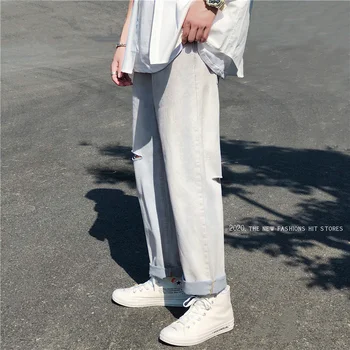 Vintage de Carga Ripped Jeans para Hombres Otoño coreano de la Moda de la Ropa Angustiado Pantalones Blancos Agujero del Dril de algodón de Tobillo Plancha de ropa Streetwear Homme