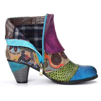 Vintage Empalme Impreso Botas de Tobillo Para las Mujeres Zapatos de Mujer de Cuero de la PU Retro Bloque de zapatos de Tacón Alto de las Mujeres Botas de 2020