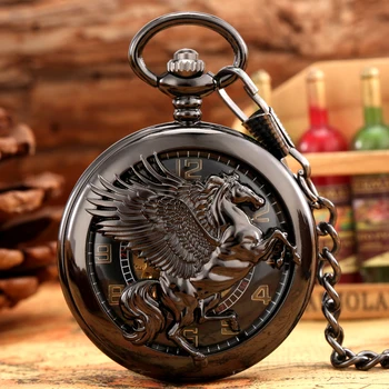 Vintage Negro Caballo Mecánico Reloj de Bolsillo Llavero de Cadena Única Hueco Pegasus Diseño de la Mano de Viento Steampunk Regalos para Hombres, Mujeres 2020