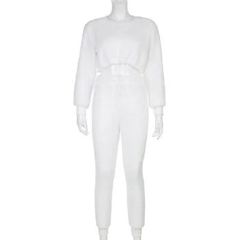 WannaThis Blanco De 2 Piezas Conjuntos de Camisas de Manga Larga y Pantalón de Ropa de Mujer Otoño Esponjoso Sólido Slim Elástico Casual Conjunto de 2020