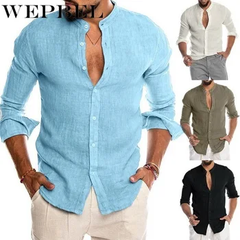 WEPBEL los Hombres de Primavera, Otoño de Camisa Casual de Manga Larga Botón de los Hombres Camisa de Lino Streetwear