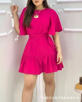 WEPBEL Slim Fit Alta de la Cintura de los Vestidos de Verano Rojo Vestido de Mujer de Manga Corta de Color Sólido de Una línea O-cuello Mini Vestido Casual de ropa de Calle