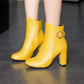 Womens Botas de Tobillo zapatos de Tacón Alto Botas de Cremallera Puntera Redonda Invierno Botas de Damas de Blanco, amarillo, Negro Botas de Mujer De 2019 Zapatos Nuevos