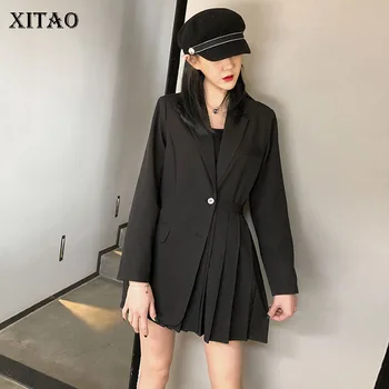 XITAO Dobladillo Plisado Blazer Negro de las Mujeres de la Moda de Nueva Sola Pechuga de Manga 2020 Otoño Elegante Diosa Fan Casual Abrigo WJ1023