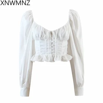 XNWMNZ 2021 nueva Mujer Romántica Blusa de Mujer ropa de Mangas largas Corsé Detalle de Volante Peplum en la Cintura botones chic Top de las mujeres