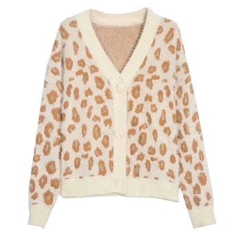 XNWMNZ Za Vintage de la Impresión del Leopardo de las Mujeres Cardigan de Punto Suéter de Cuello en V de Botones Corta Chaqueta de punto Jumper Casual Femenina Señoras Outwear